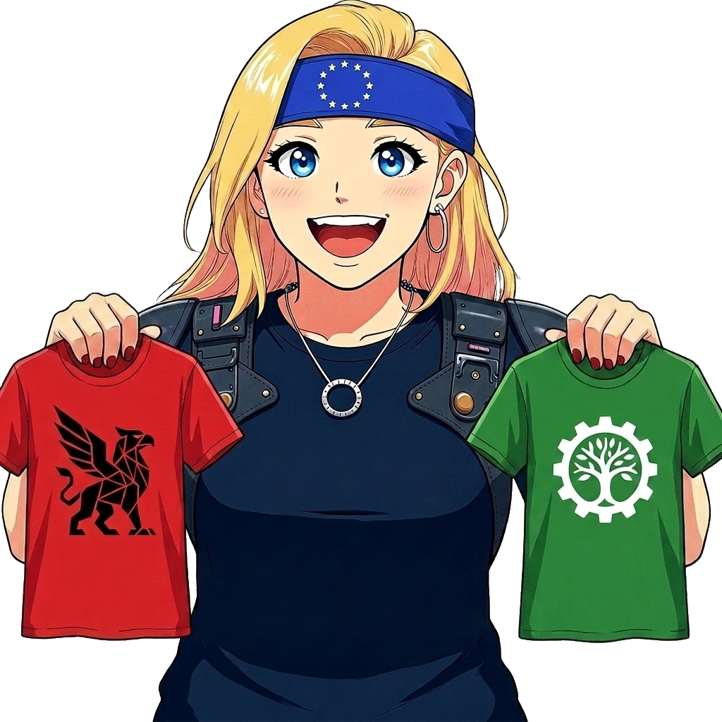 Susi hält zwei T-Shirts mit fremden Firmenlogos hoch
