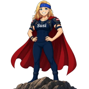 Susi als Superheldin mit EU-Stirnband — SUSI PRO Powertasks